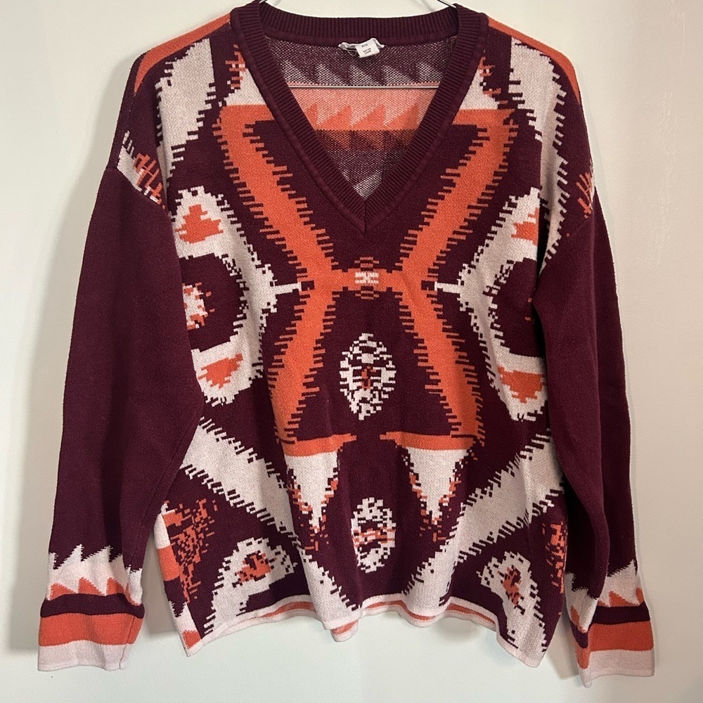 Tribal Burgundy and Orange Geometric V-Neck Sweater